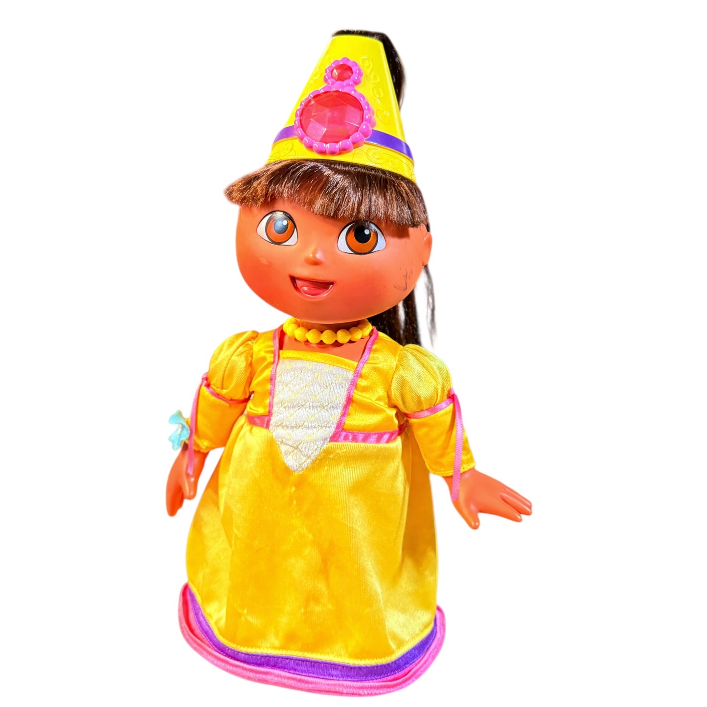 Vintage Hair Fisher-Price Magic Hair Dora Doll Yellow Princess Gown & Hat with Large Pink Jewel