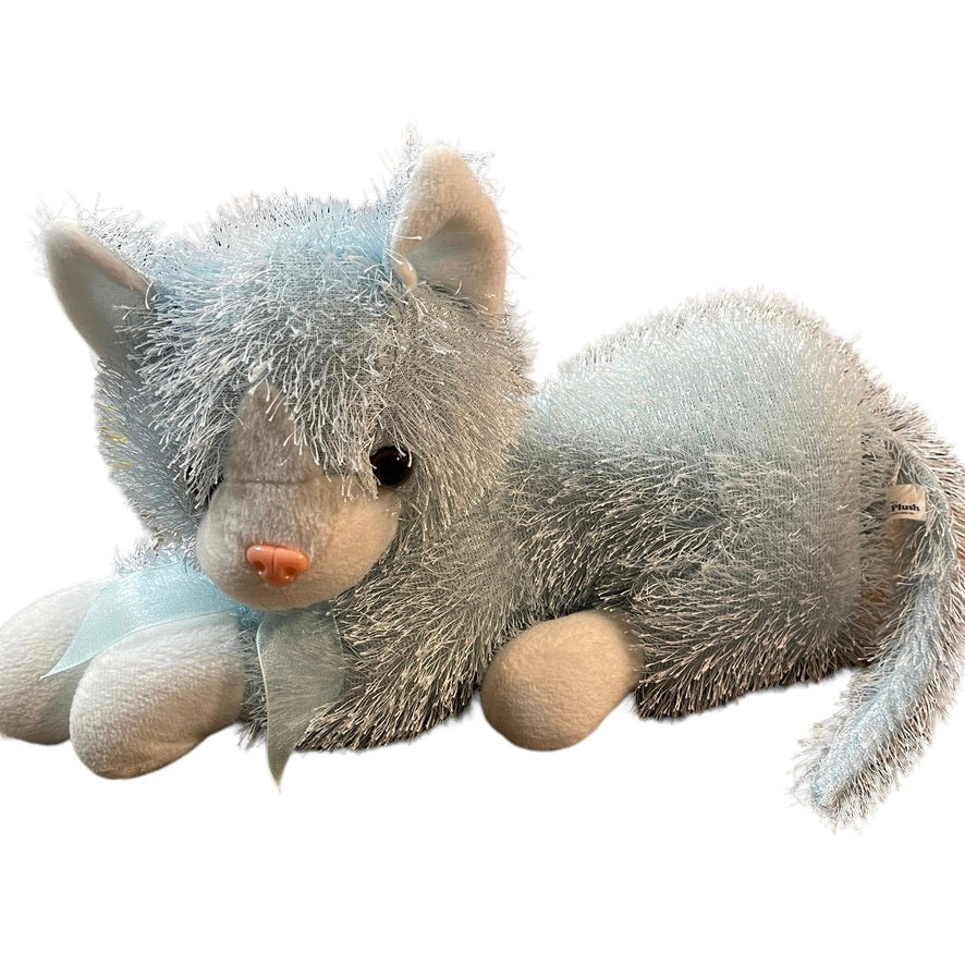 King Plush 12" Spiky Long Haired Blue Kitten Stuffed Animal Toy White Face,Paws & Ears