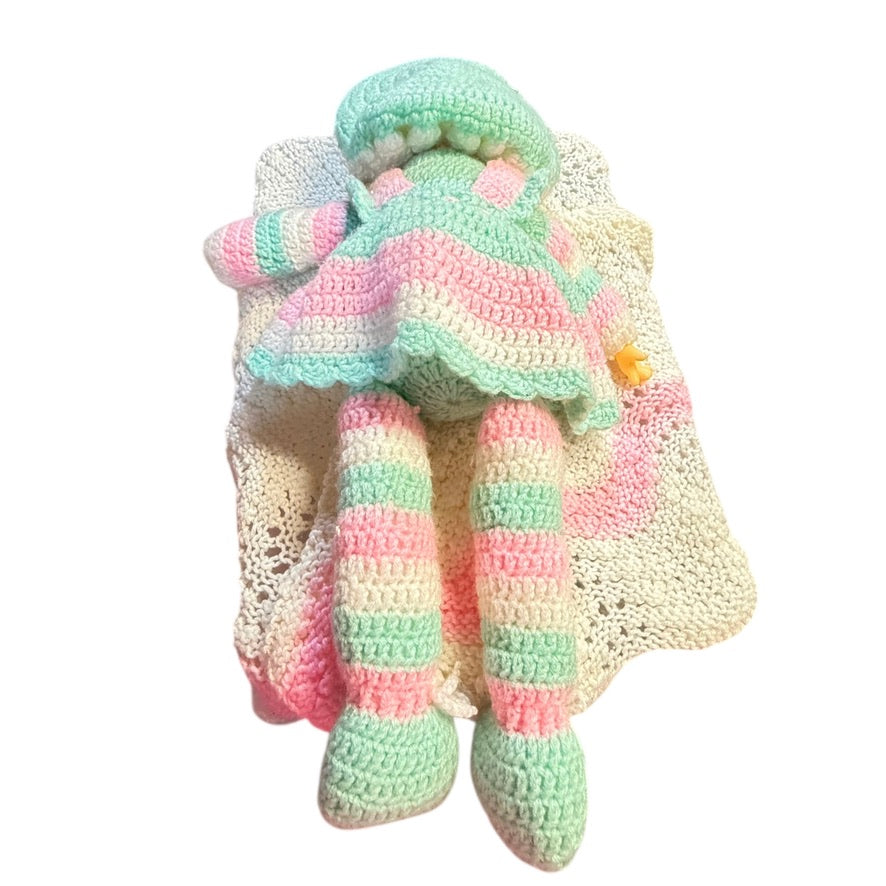 Hand Crocheted Vintage, 'Ice Cream Baby' 27" in Pastel Pink & Green, Blue Eyes, Pink Hair!