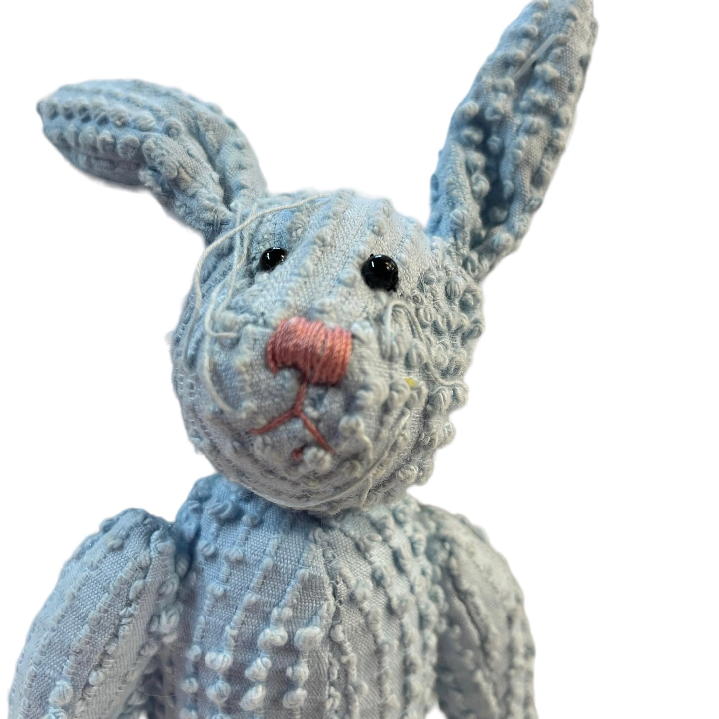 Chenille Sensory 8" 100% Blue Cotton Lop Eared Bunny. Black Bead Eyes, Spiky Whiskers& Pink Nose