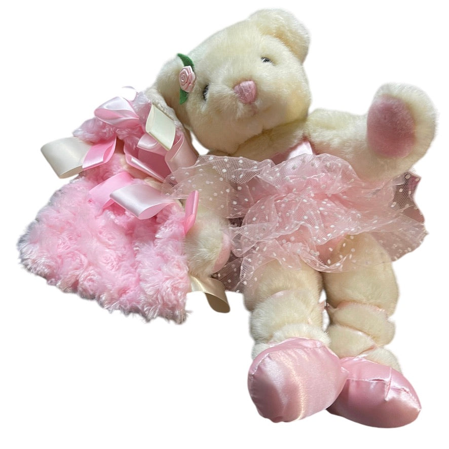 Vintage Cream Russ Berrie Ballerina Teddy Bear with Rosebud Lovey Security Blanket