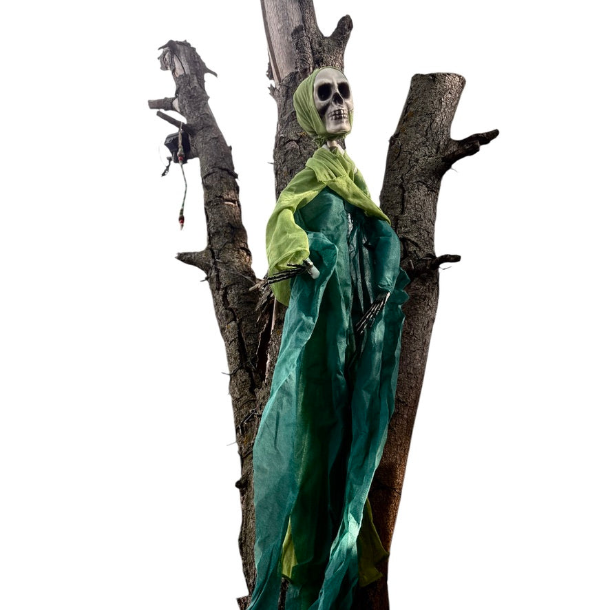 Floating Ghoul, Skeletal Hands & Bony Bleached Skull in Tattered Green Shroud, Preowned