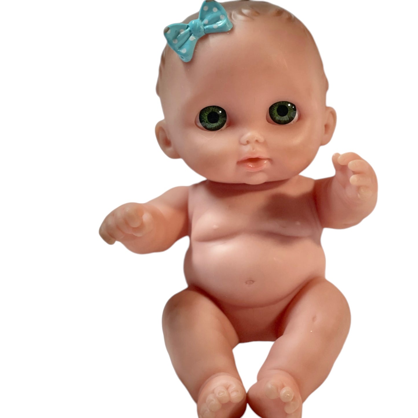 Berenguer 8.5" LIL' CUTIE Blue Eyed Baby Doll, Blue Eyes & Blue Polka Dot Bow in EUC