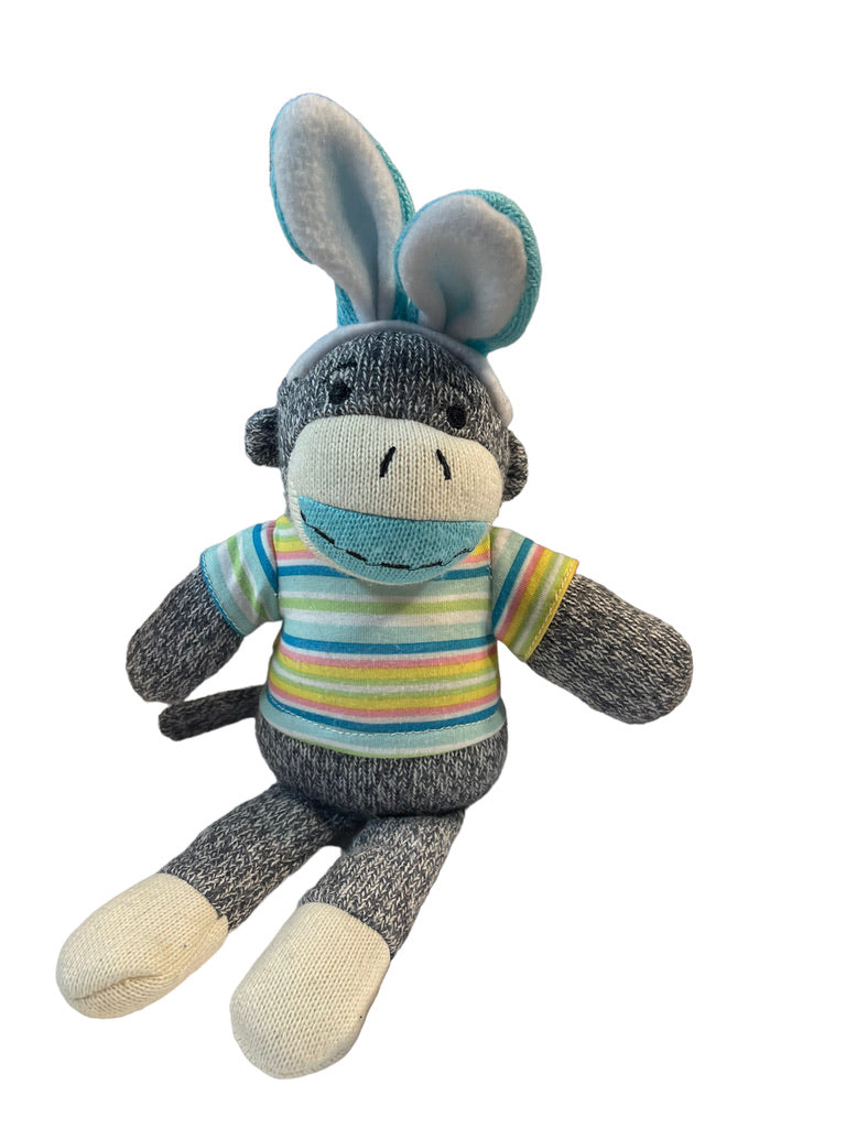 Two 13" Sock Monkeys iwith Easter Bunny Ears and Striped Sweaters EUC