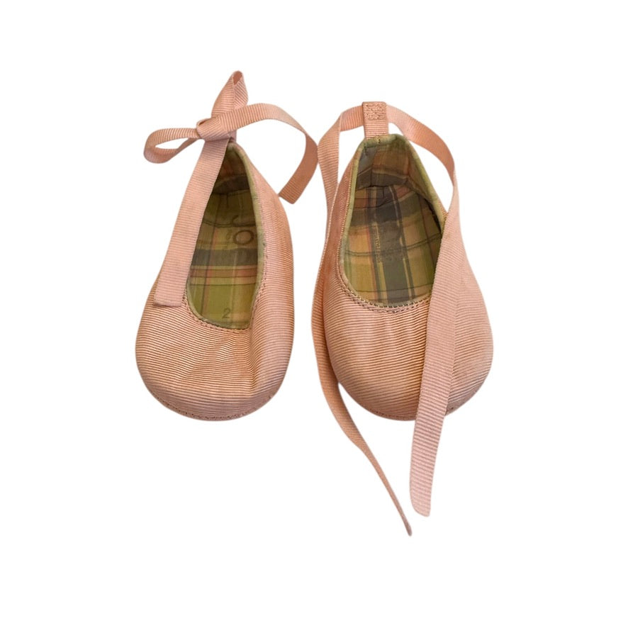 Joe Ballet Flats in Blush with Grosgrain Look and Ribbon Tie, Pebbled Bottom, Size 2