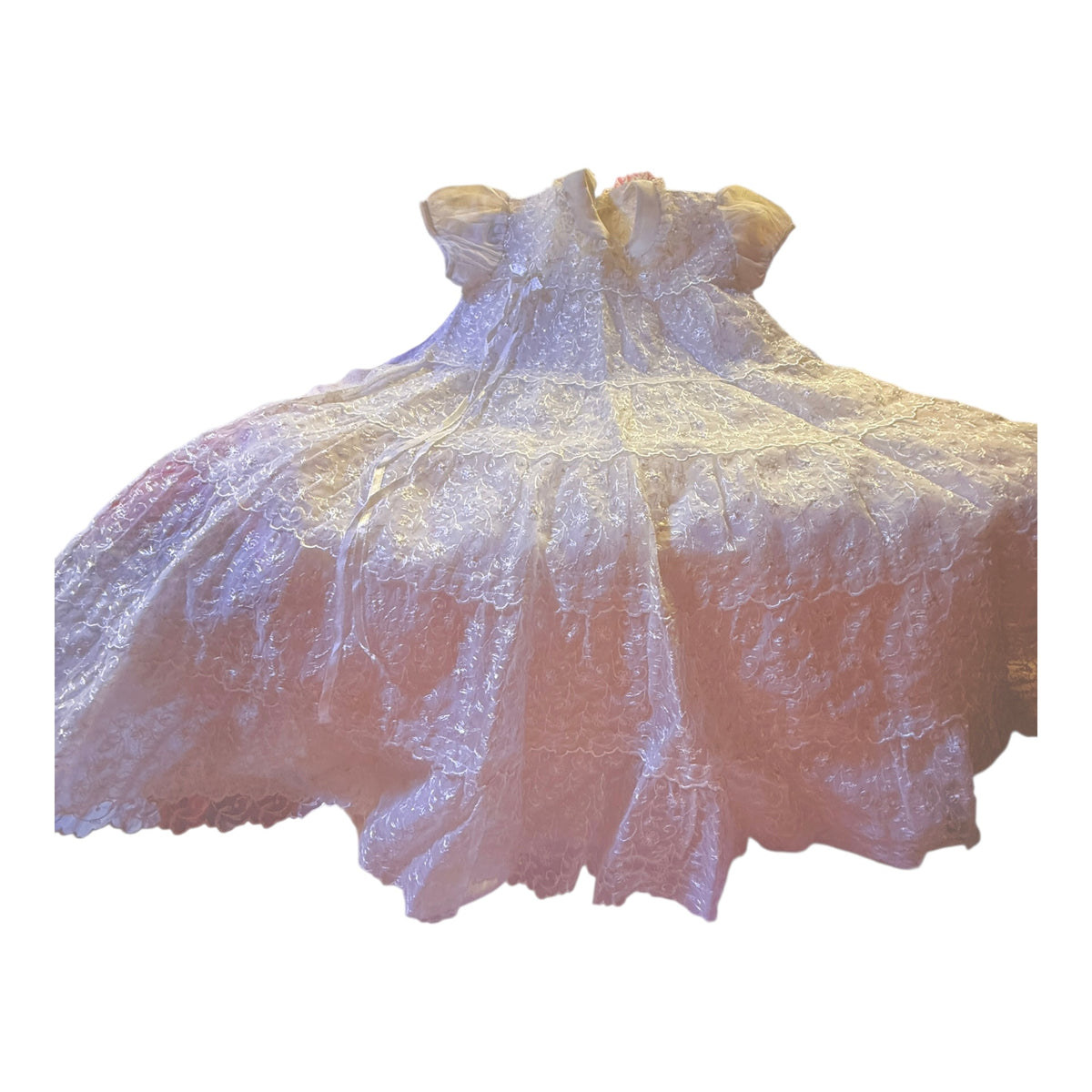 Exquisite Vintage Sheer Lace Christening Gown, Lace Rimmed Tiers, Satin Ribbon & Vintage Snaps