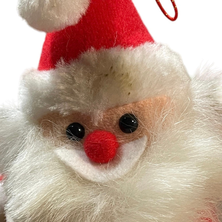 Adorable Vintage Santa Rattle Ornament, Traditional Red & White with Tiny Christmas Stocking