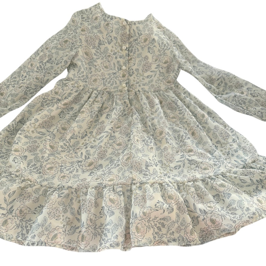 Bohemian Haute Hippie Floral Print Dress, Size 6 Empire Flounce, Long Sleeves,Pearl Buttons