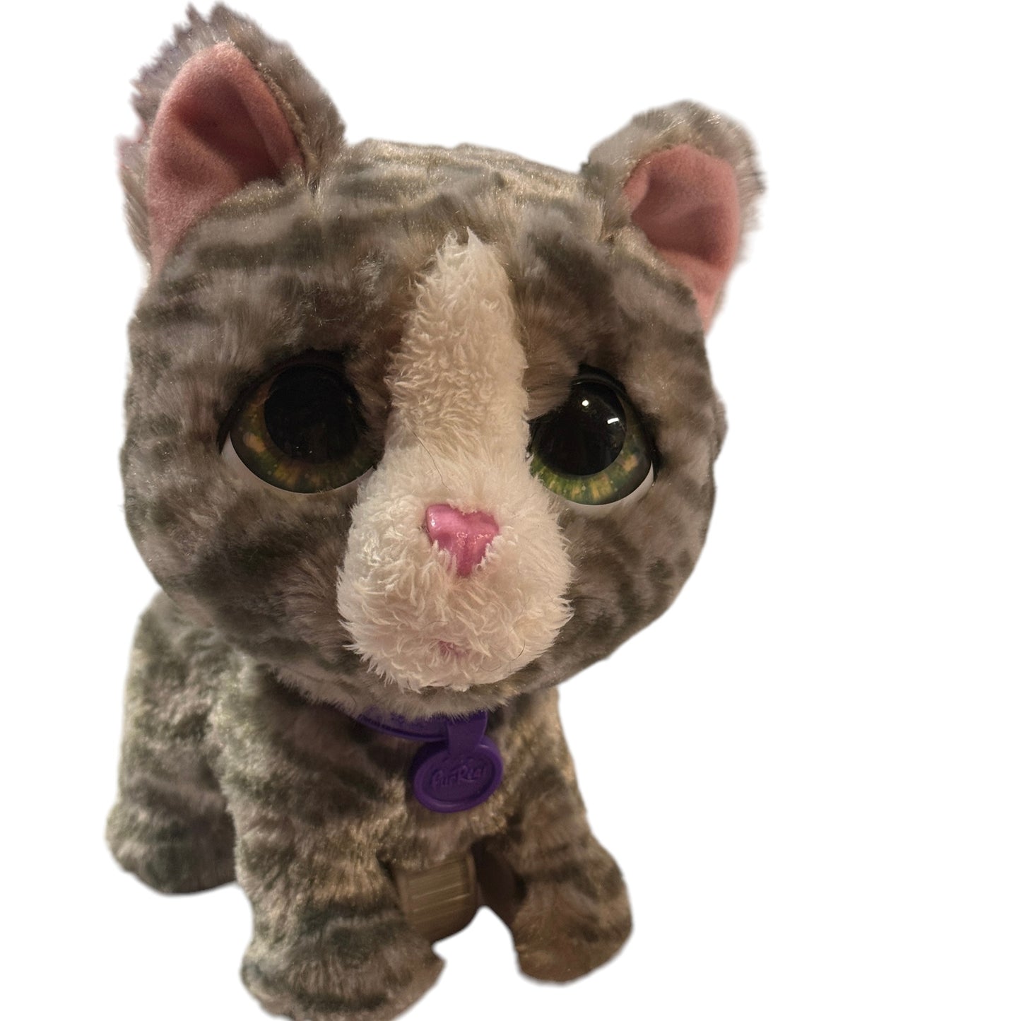Fur Real Walks-a-Lot Kitten, Grey Stripe, Purple Collar & HUGE Green Eyes. Preowned, Works Great!