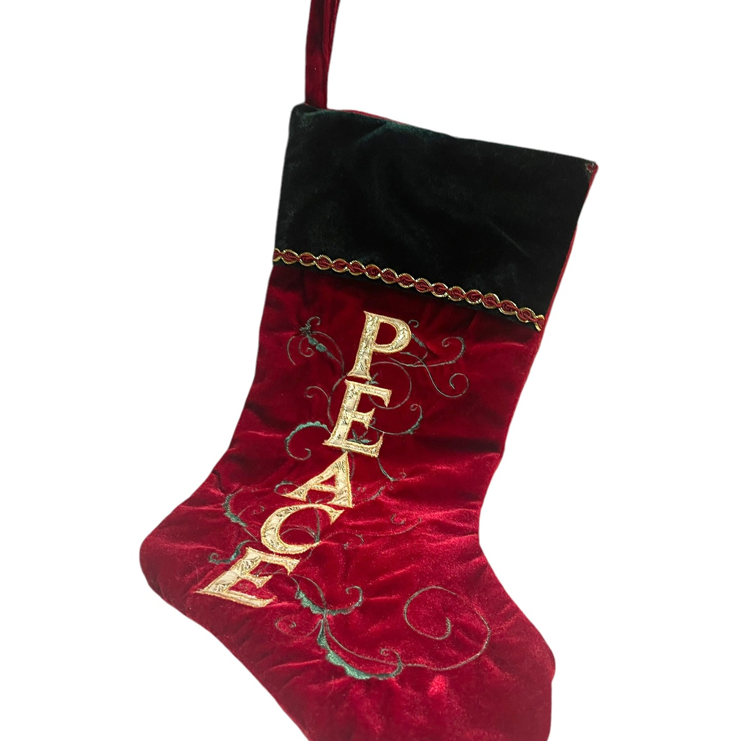 Lovely PEACE Christmas Stocking in Deep Red & Green Velvet Delicately Embroidered in EUC