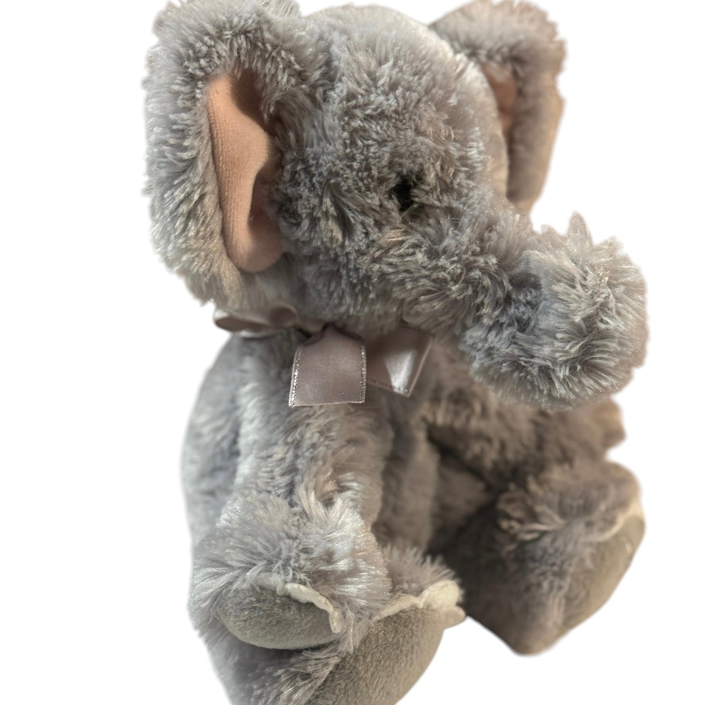 Russ-Berrie Shining Stars 8" Fluffy Grey Elephant, Pink Ears, Silver Satin Ribbon, Adorable!