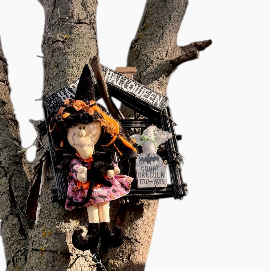 Halloween Door Hanger Wooden House with Hilarious Plush Witch & Dracula Tombstone in EUC