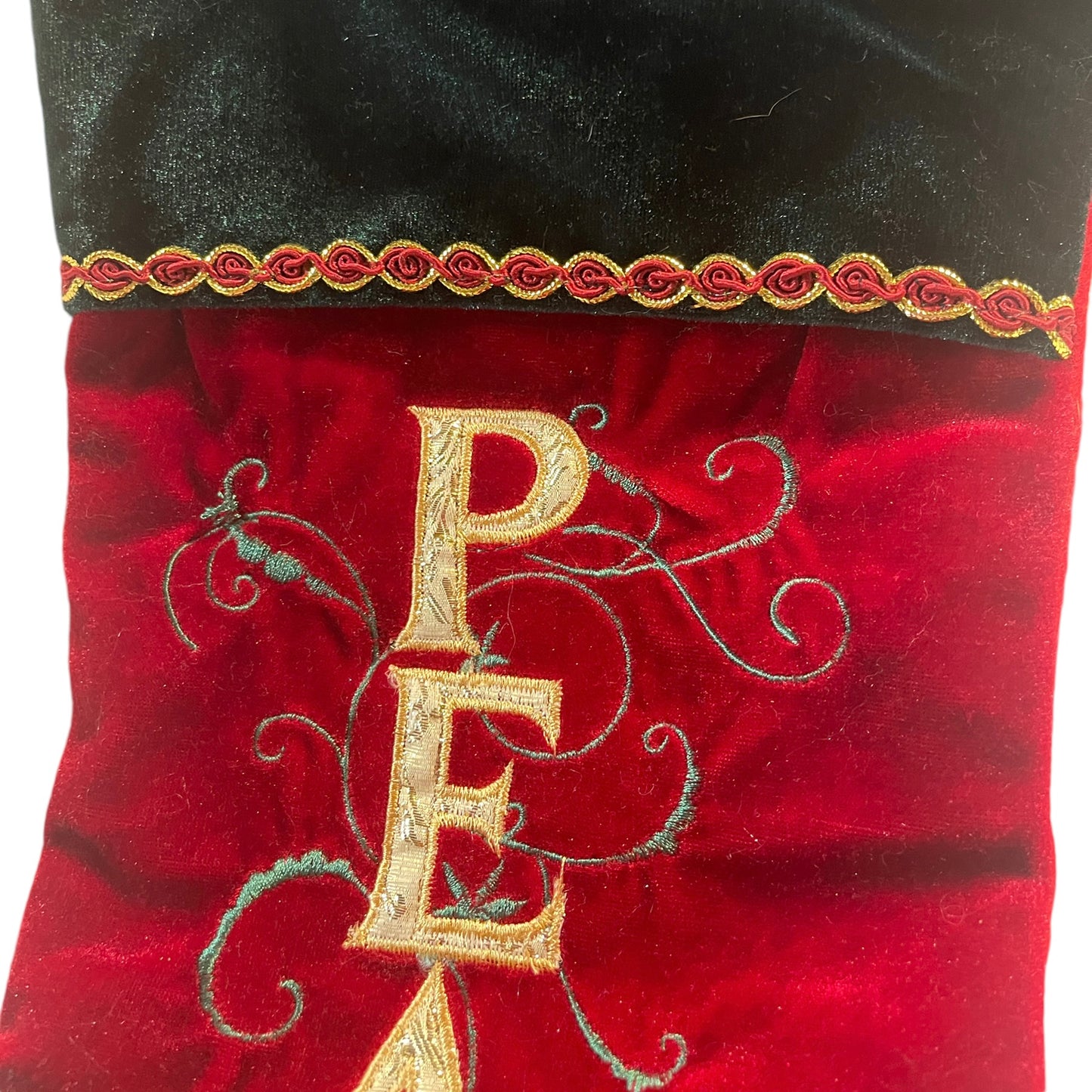 Lovely PEACE Christmas Stocking in Deep Red & Green Velvet Delicately Embroidered in EUC