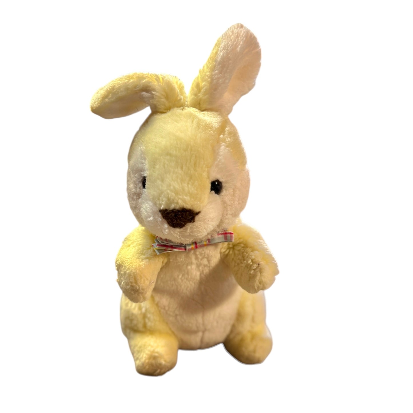 Vintage Yellow & White Standing Rabbit Stuffed Animal Plush, Upright Ears, Plaid Bowtie GVC
