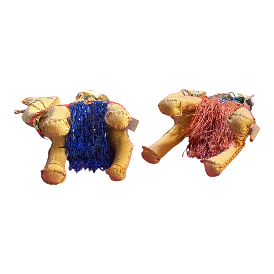 Vintage Leather Wrapped Camels & Riders Finely Detailed with Coloured Sequins and a Deep Fringe, Preowned GUC