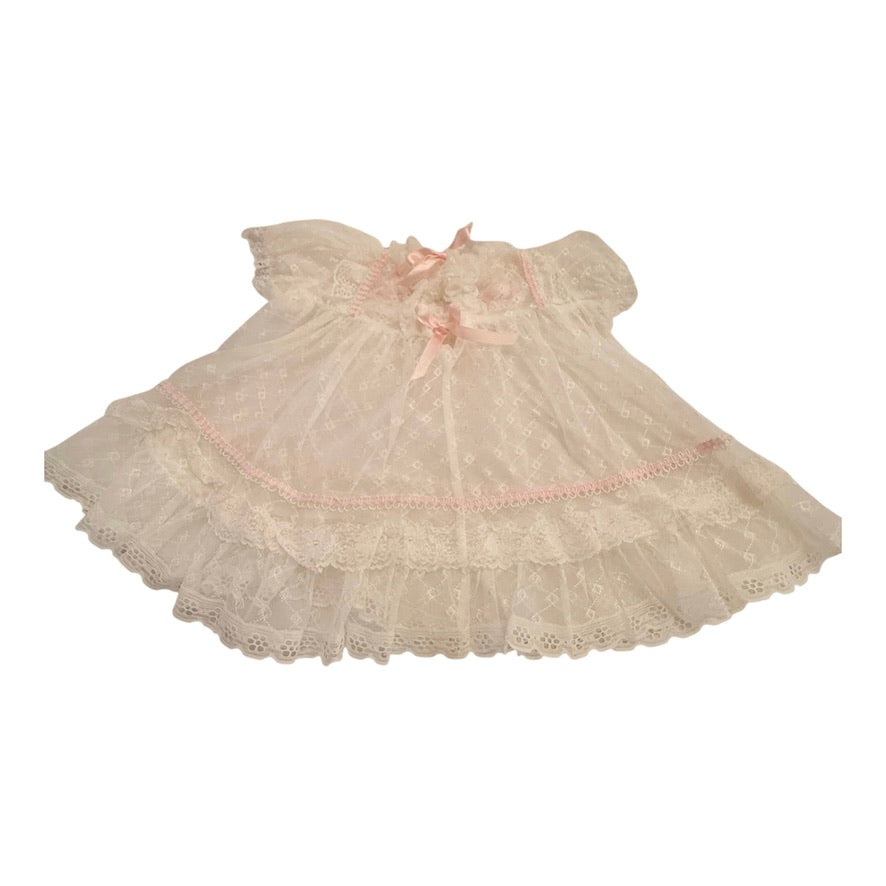 Dainty Vintage Sheer Lace Baby Dress with Pink Satin Ribbons Rosettes