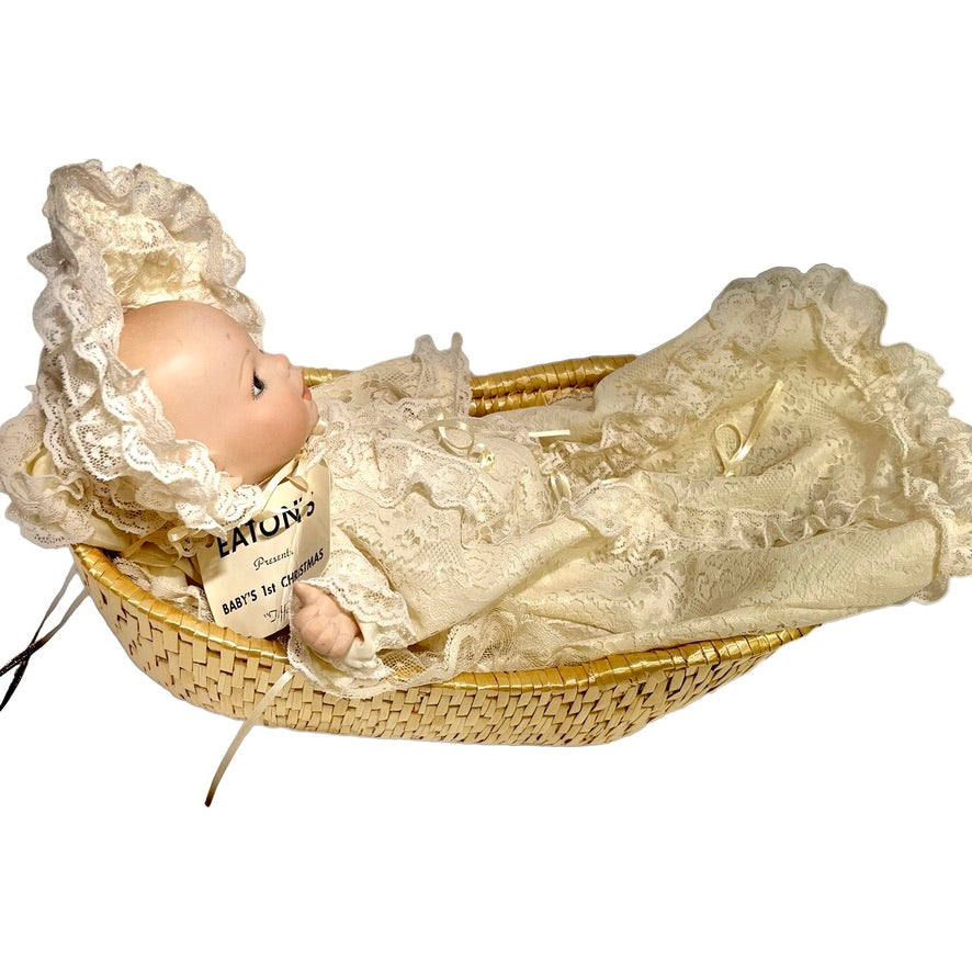 Vintage Eaton's Baby's First Christmas Music Box & Doll by Artist, April Katz, 1985