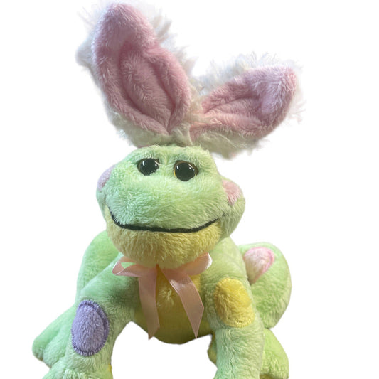Charming Ganz "Frabbit", Green Frog With Rabbit Ears, Pastel Embroidered Easter Eggs & Pink Bow