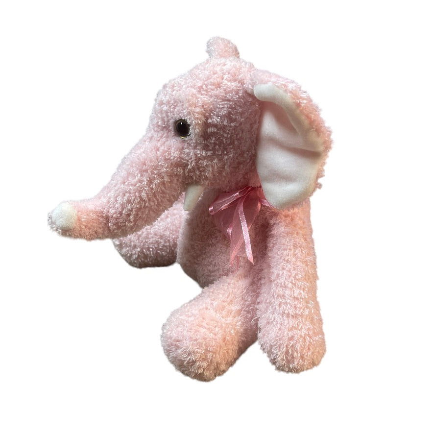 Pink Terry Cloth  9" Stuffed Elephant Elephant, Pretty Gauze Bow & Creamy White Ears & Tusks