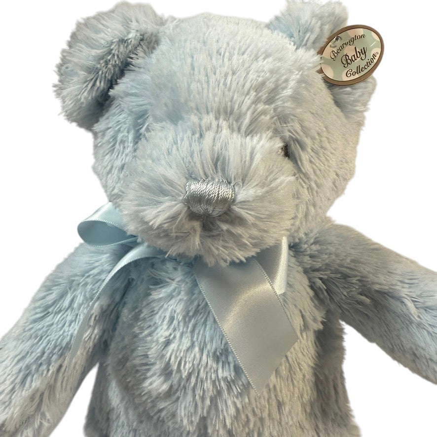 Bearington Baby Fuzzy Blue 12" Bear, ''My FirstTeddy' with Satin Nose, Neck Ribbon & Feet EUC