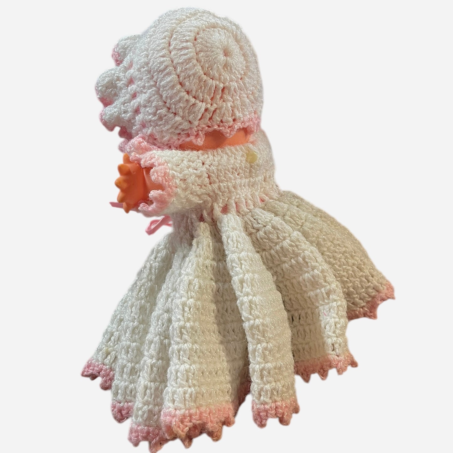 Vintage Kewpie Doll, Dainty Hand Crocheted White Sparkly Dress, Bottoms & Hat, White Shoes EUC