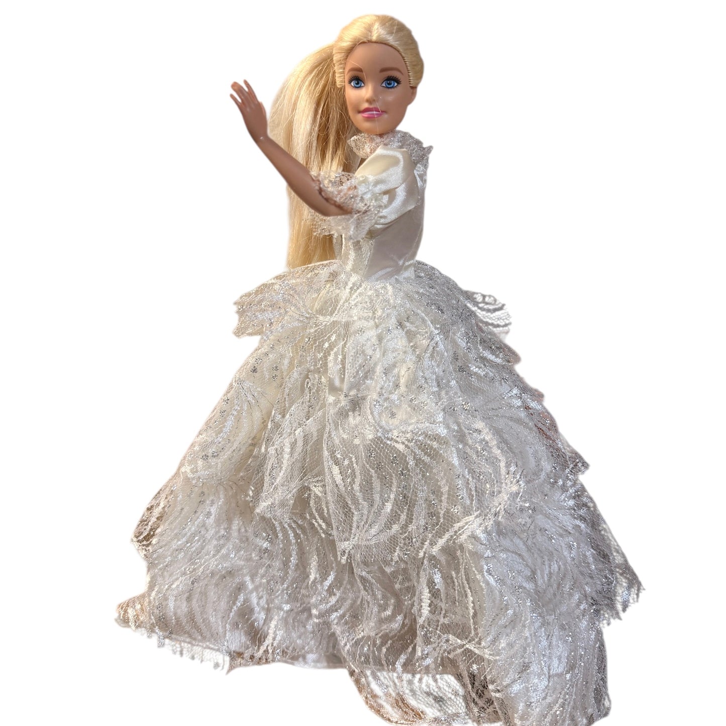 Blond, Blue Eyed Barbie Doll in a Shimmery Vintage White Lace Ball / Bridal Gown in GUC
