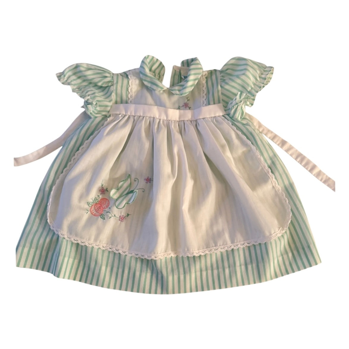 Vintage 'Nanette' Mint Striped Pinafore Dress, Dainty Floral Embroidery with Butterfly Applique