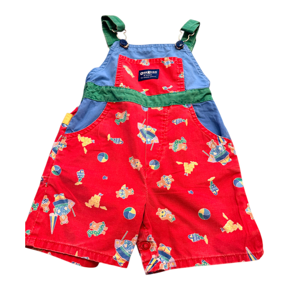 Vintage OshKosh B'gosh Colourblock Shortall Overalls, Bear Toy Print & Blue/Green Accents