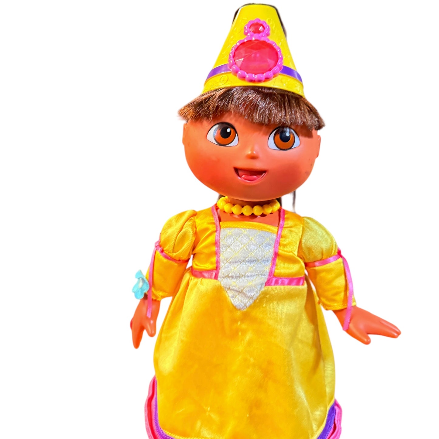 Vintage Hair Fisher-Price Magic Hair Dora Doll Yellow Princess Gown & Hat with Large Pink Jewel