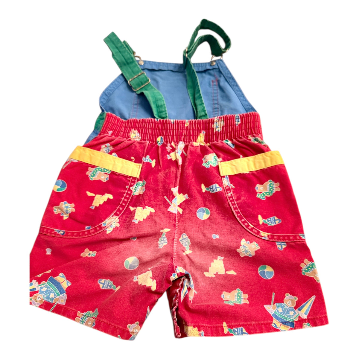 Vintage OshKosh B'gosh Colourblock Shortall Overalls, Bear Toy Print & Blue/Green Accents