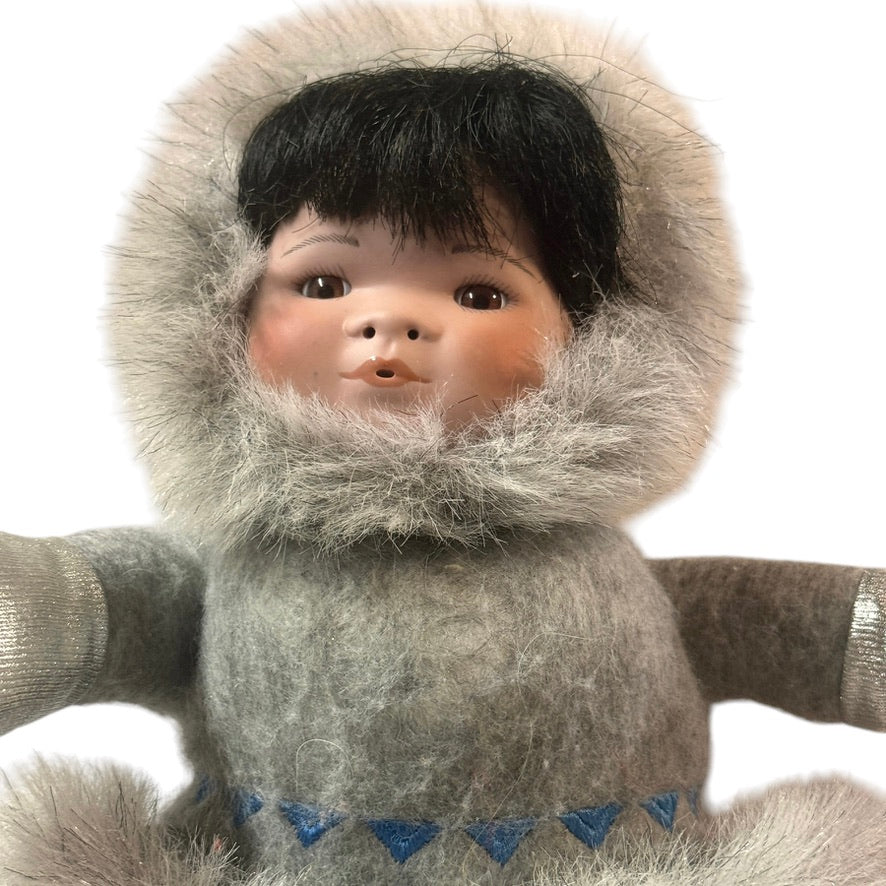 Little Snowflower, Indigenous Cloth Doll with Sweet Porcelain Painted Face, Fur& Felt Clothes