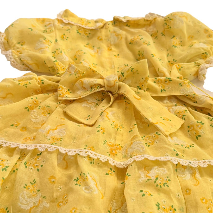 Dainty Textured Yellow Floral Print Vintage Tiered Toddler Dress, Crochet Lace Trim, Tie Waist