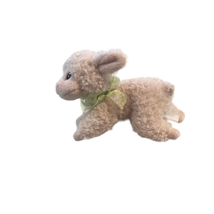 Sweet Baby Lamb, 6", Embroidered Face, Sheer Green Bow. Bean Bottom with Faded Tag