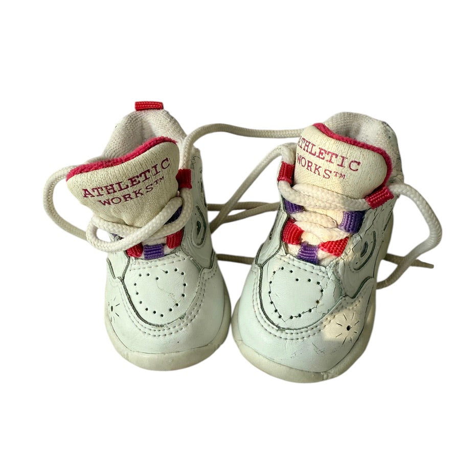 Ruby Athletic Works White Preowned Infant Trainers, Size 1 Tie Ups with Pink & Purple Accents