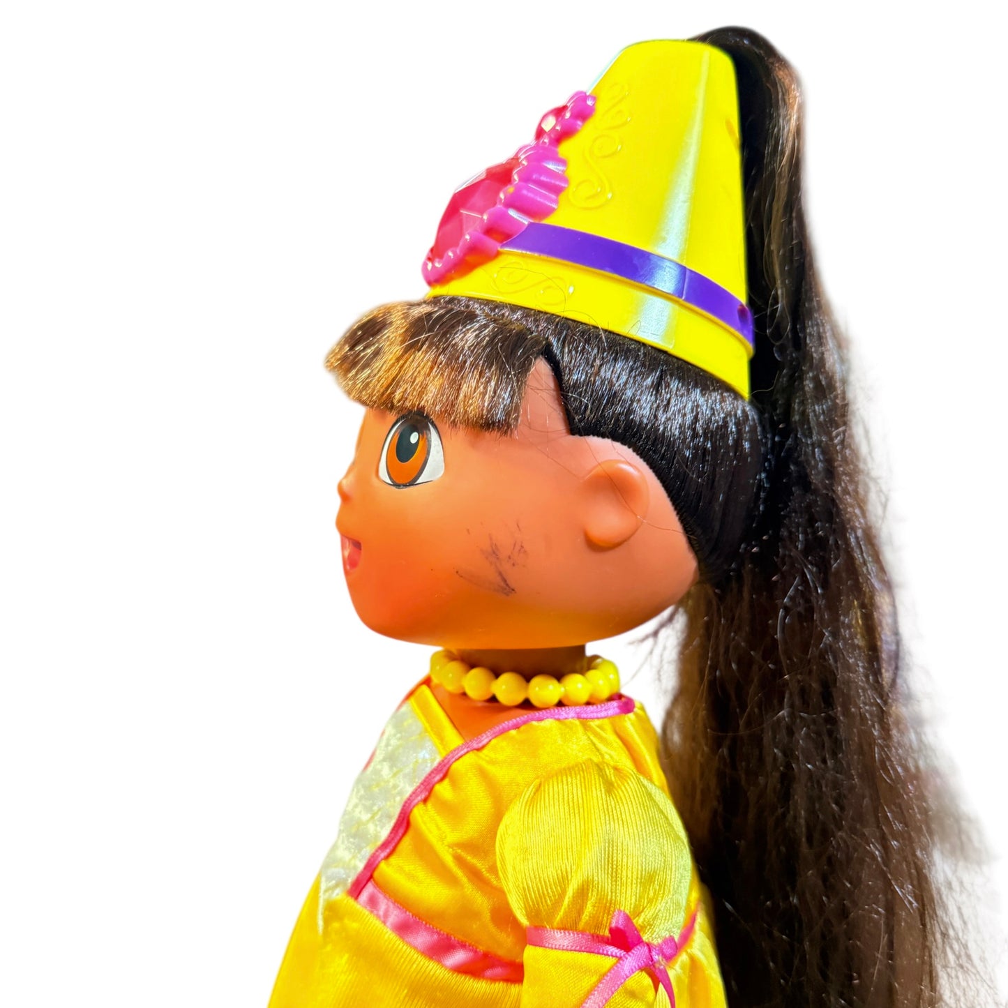Vintage Hair Fisher-Price Magic Hair Dora Doll Yellow Princess Gown & Hat with Large Pink Jewel
