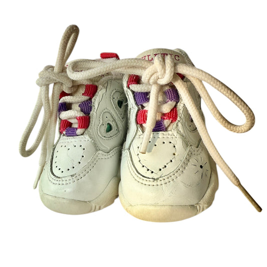 Ruby Athletic Works White Preowned Infant Trainers, Size 1 Tie Ups with Pink & Purple Accents