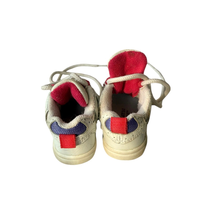 Ruby Athletic Works White Preowned Infant Trainers, Size 1 Tie Ups with Pink & Purple Accents