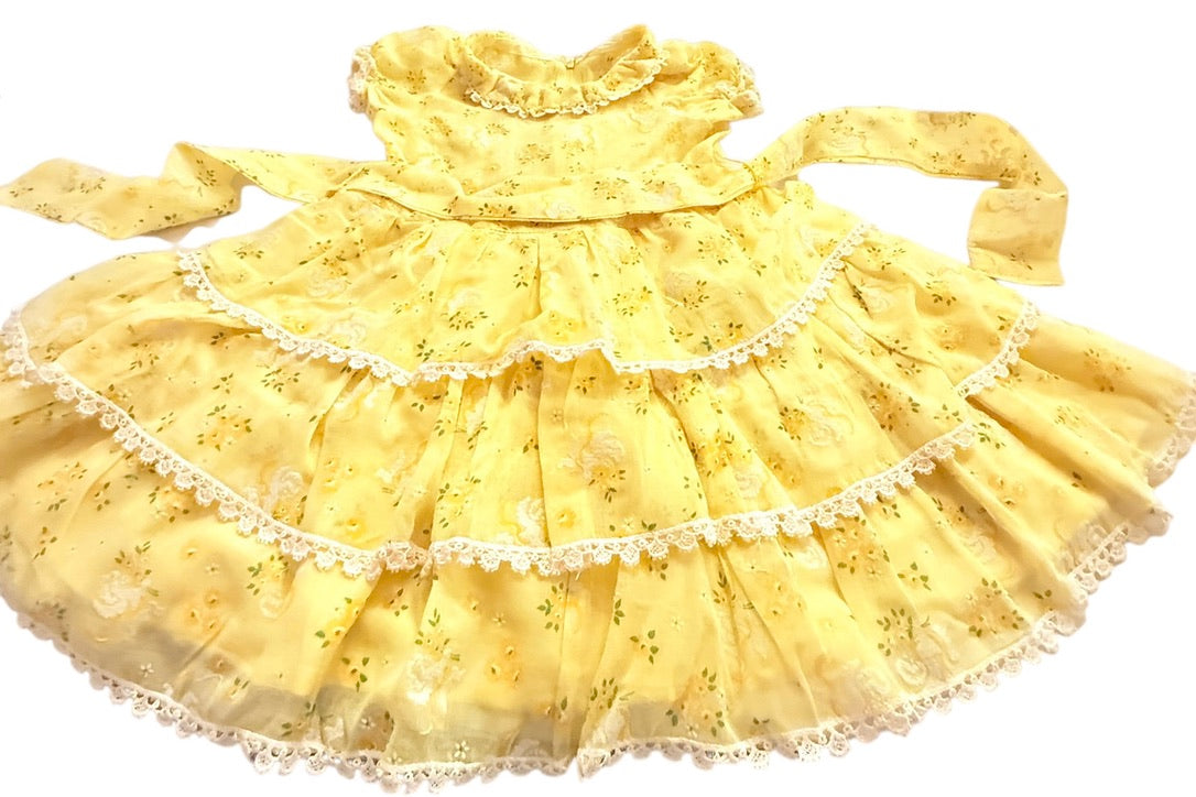 Dainty Textured Yellow Floral Print Vintage Tiered Toddler Dress, Crochet Lace Trim, Tie Waist