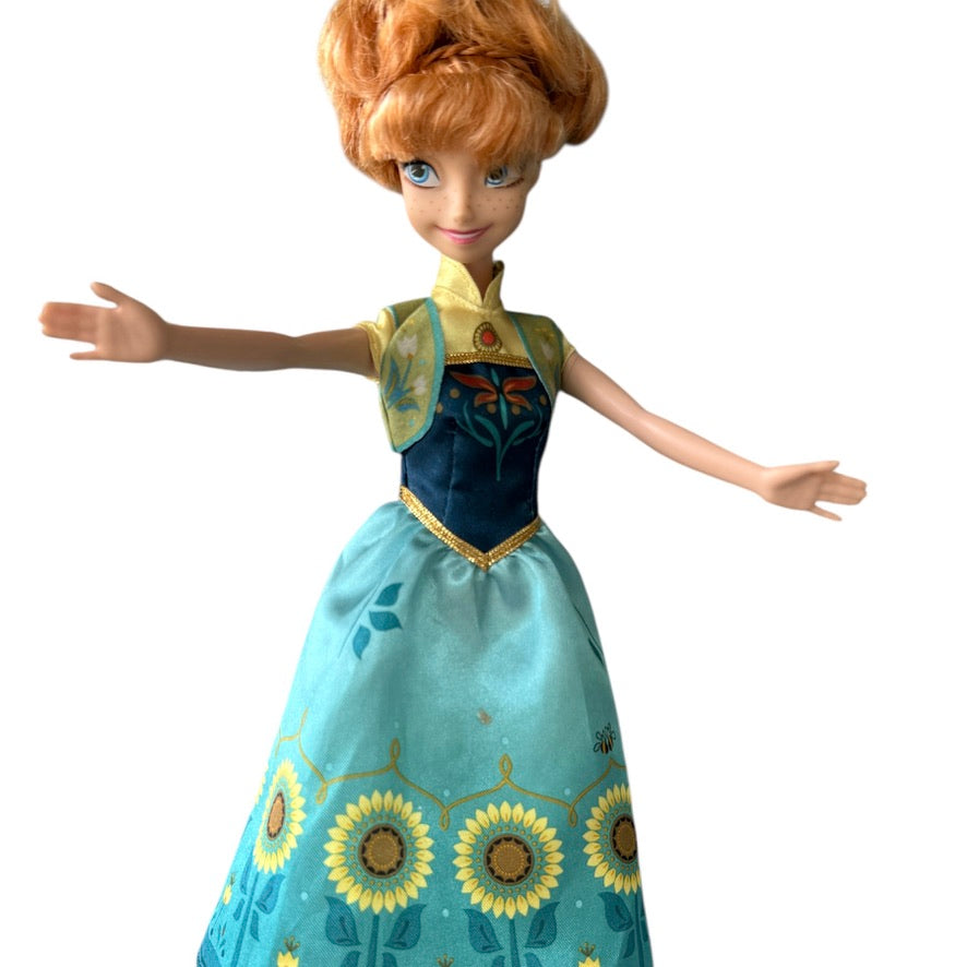 Disney Frozen Fever Anna Doll in Pretty Spring Dress with Flowers, Coordinating Hair Ribbon