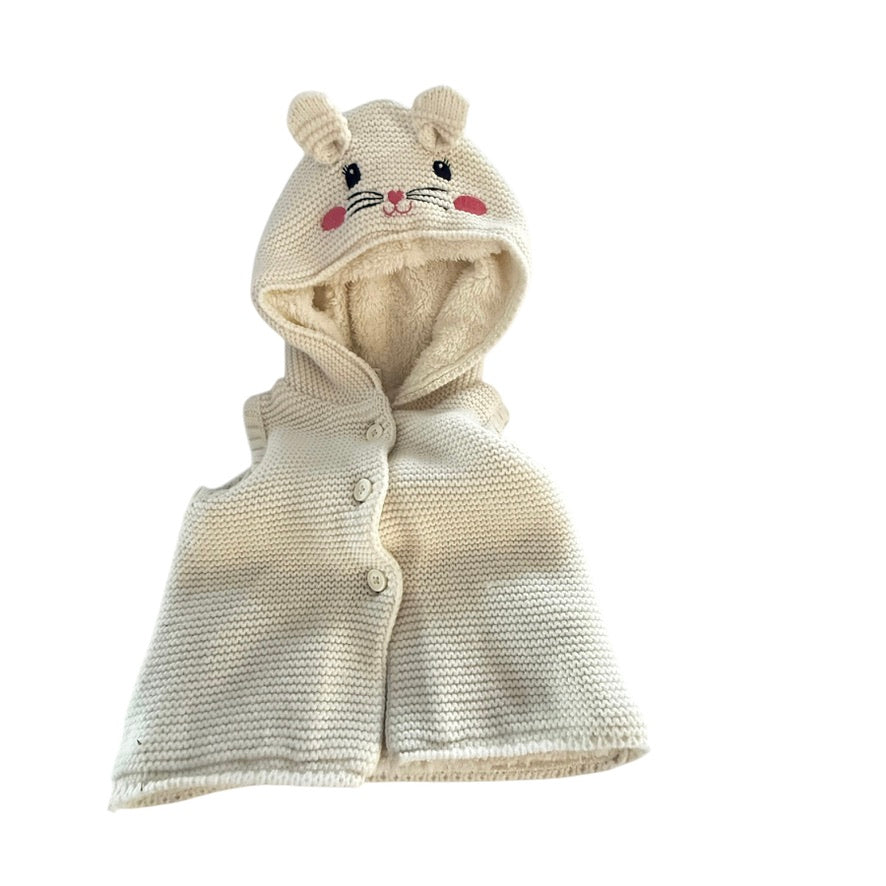 Waikiki Button Front Ecru Knit Vest with Fleece Lining & Sweet Embroidered Kitten Face 9-12 m