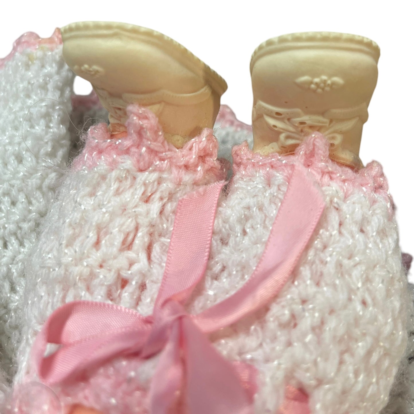 Vintage Kewpie Doll, Dainty Hand Crocheted White Sparkly Dress, Bottoms & Hat, White Shoes EUC