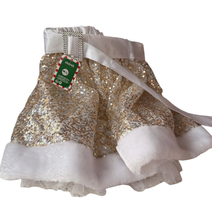 Claire's Gold Sparkly, Fur Trimmed Skirt, M/L with Satin Belt & Rhinestone Buckle with Tags