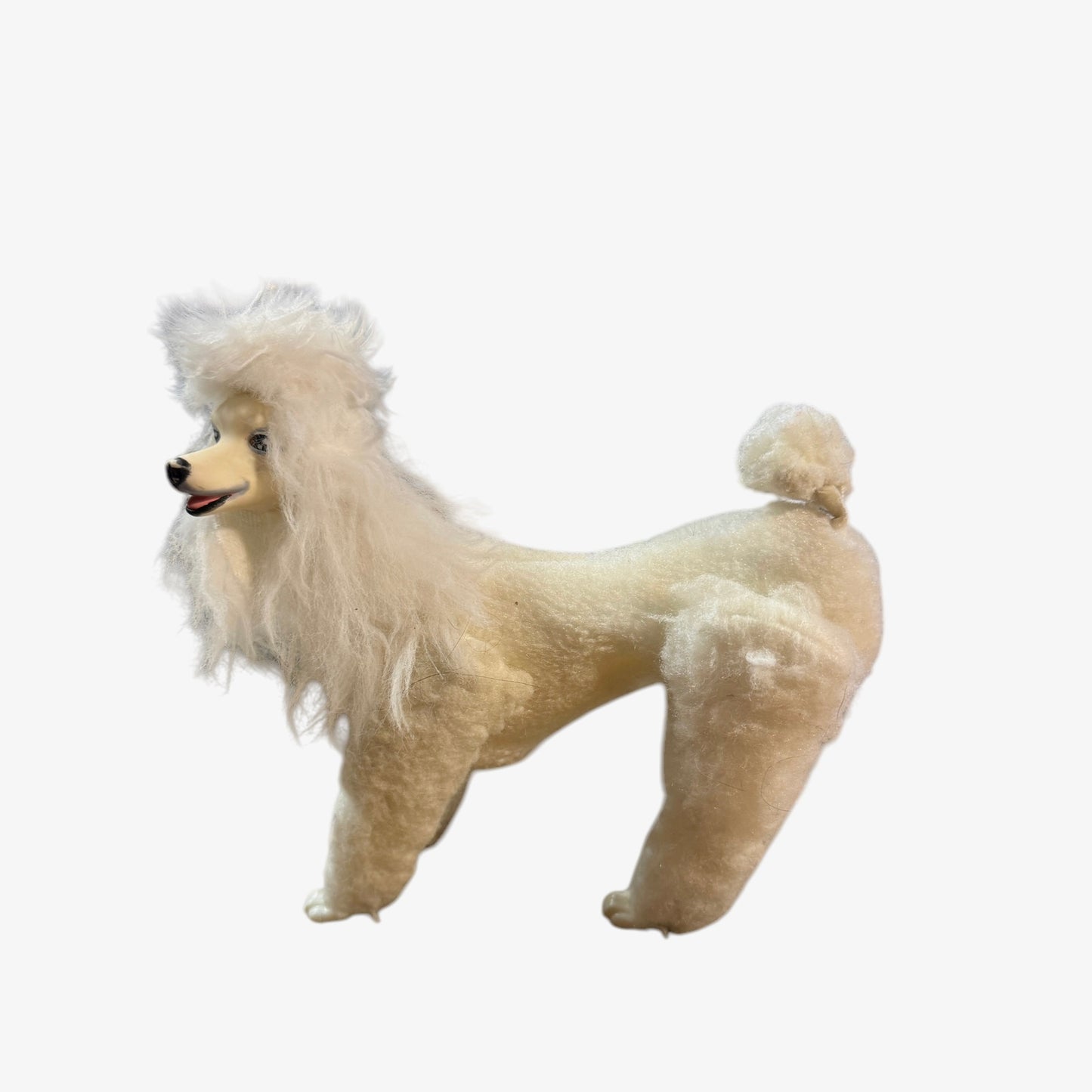 Vintage White Felted Posable Standard Poodle Toy Dog Long Legs, Plastic Feet & Sweet Rubber Face