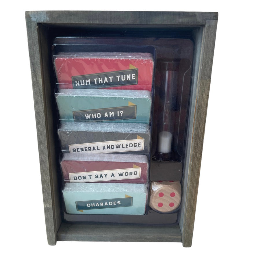 Unused Indigo Game Pack Set of 5 Party Games, Dice and Timer in Wooden Gift Box EUC