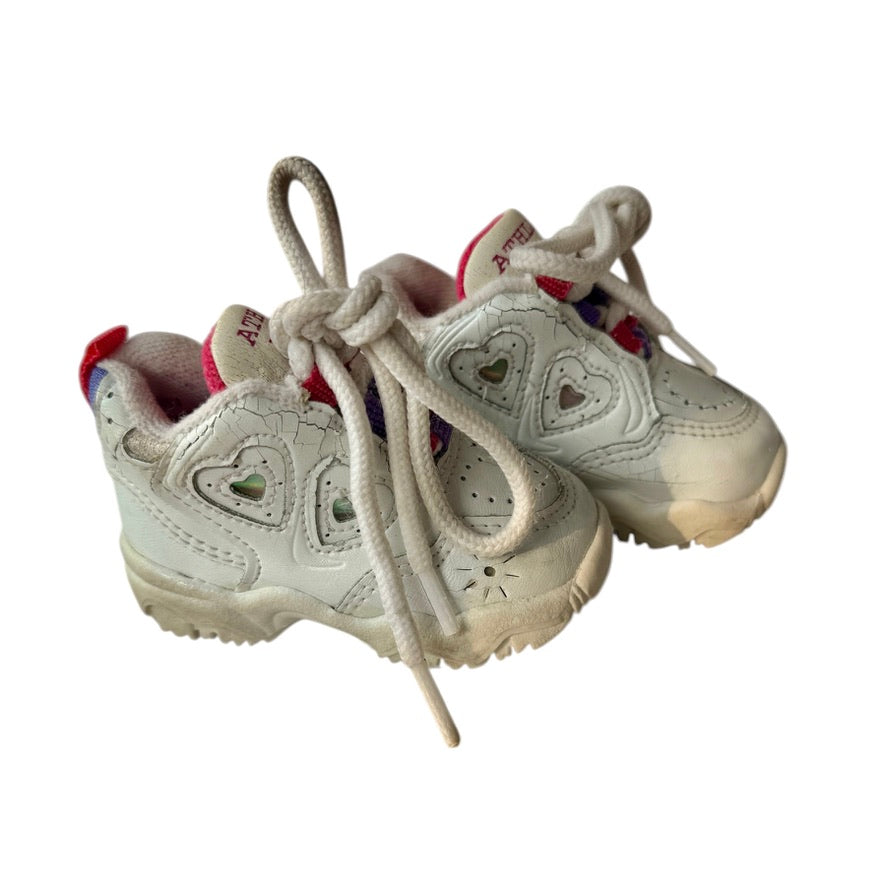 Ruby Athletic Works White Preowned Infant Trainers, Size 1 Tie Ups with Pink & Purple Accents