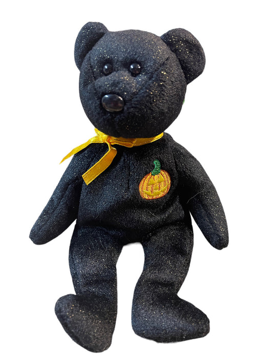 Ty Vintage Beanie Baby'HAUNT' the Halloween Bear, Black Sparkles, Orange Pumpkin Applique & Satin Ribbon