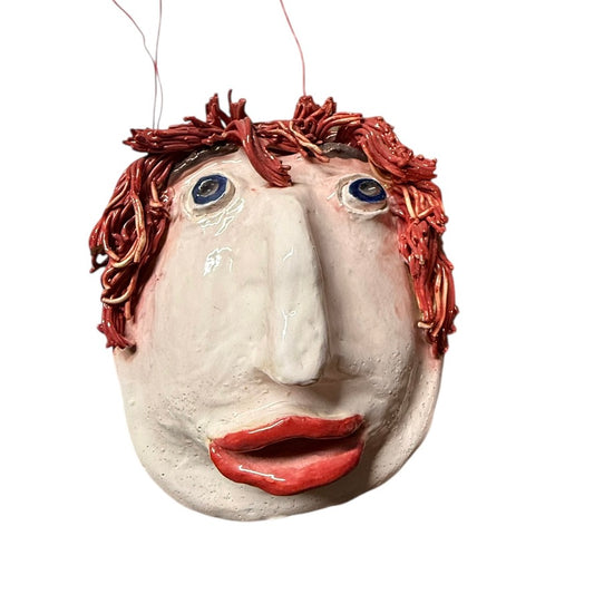 Delightful, One-of-a Kind Handmade Caricature Clay Mask with Red Spaghetti Hair, Artist Signed