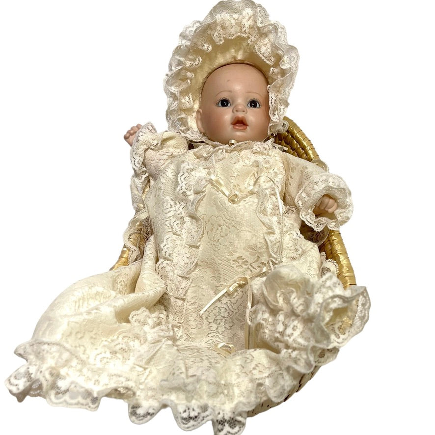 Vintage Eaton's Baby's First Christmas Music Box & Doll by Artist, April Katz, 1985