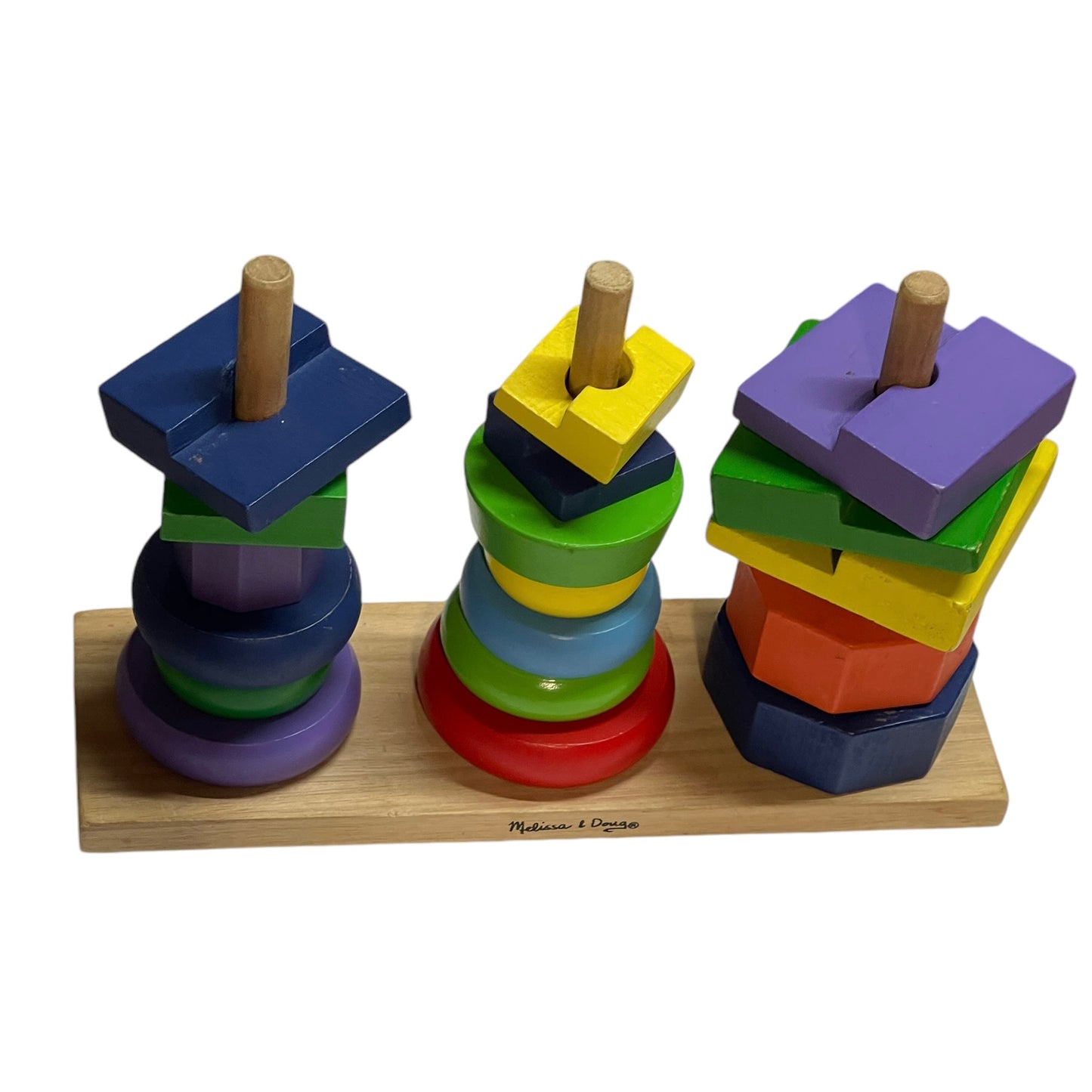 Melissa & Doug Geometric Wooden Stacker, Shape Sorting Toy, Colour/Shape/Size Identification