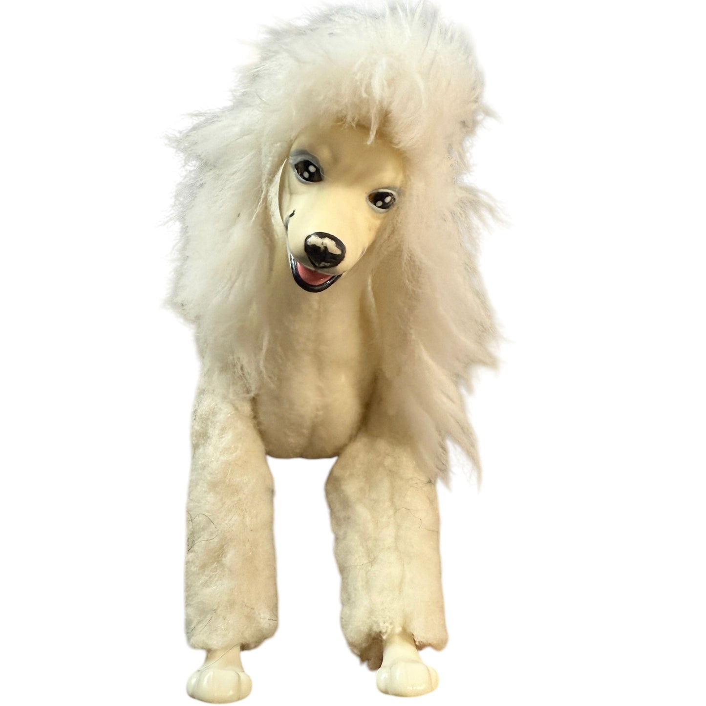 Vintage White Felted Posable Standard Poodle Toy Dog Long Legs, Plastic Feet & Sweet Rubber Face